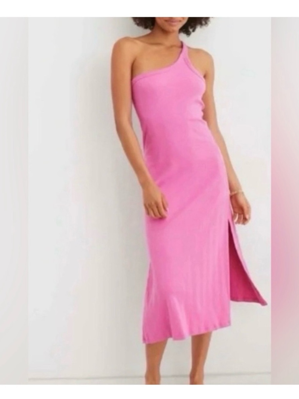 Aerie pink ribbed One-Shoulder Midi Dress with Side Slit M